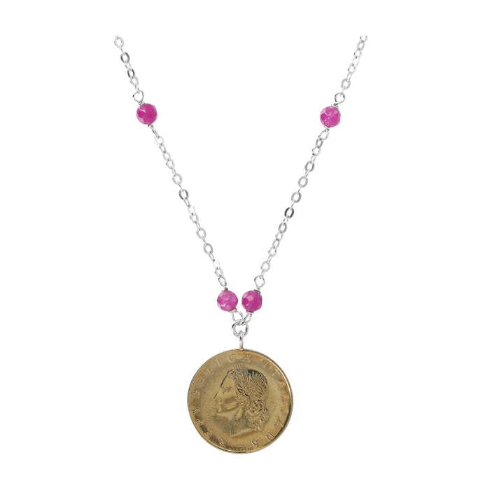 Collana Catena Rolo con Quarzite Fucsia e Pendente Moneta 20Lire