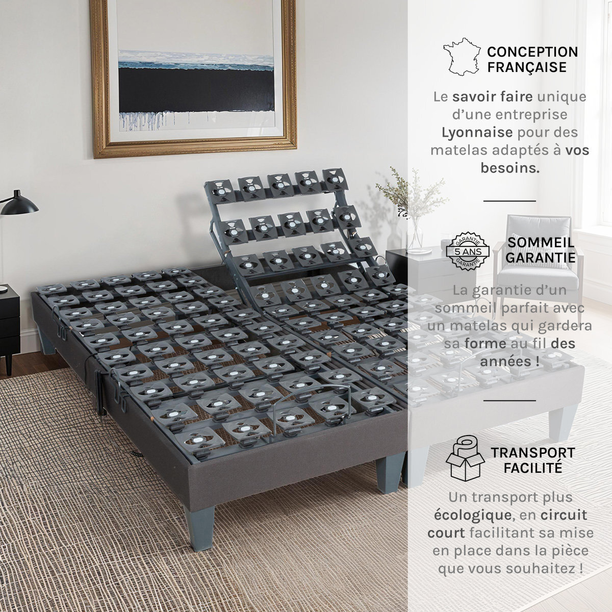 Sommier Électrique Mondor à Plots, 5 Plans de Couchage, Fermeté Réglable, Soutien Personnalisé, relevage motorisé