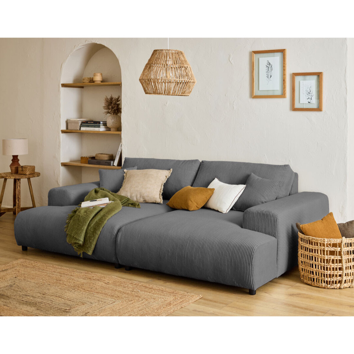 Garance - canapé droit 4 places double méridienne - assise profonde - en velours côtelé - Gris foncé