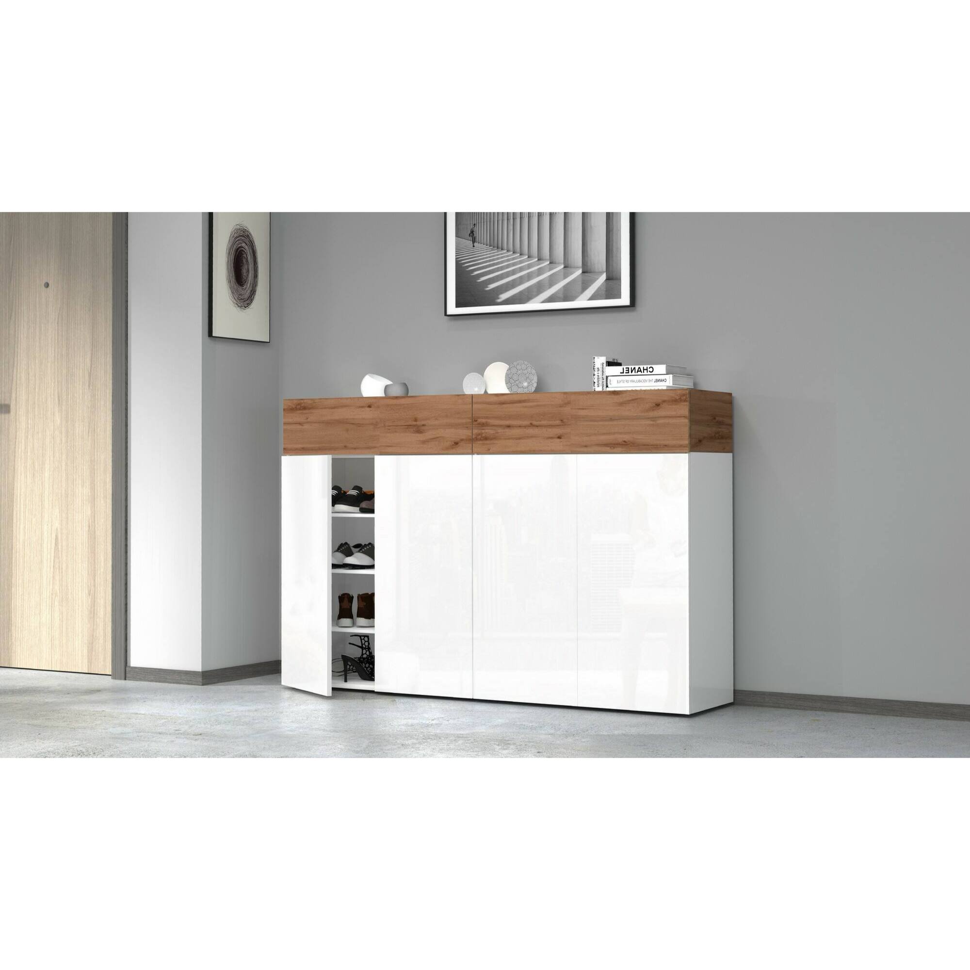 Scarpiera Dcandrev, Porta scarpe salvaspazio a 6 ante, Armadio multifunzione da ingresso, 154x38h100 cm, Bianco e Rovere