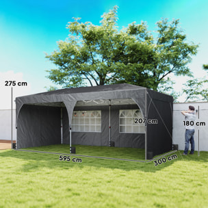 Carpa Plegable 6x3 m, Pop-up, con 4 Laterales Extraíbles, Cenador de Jardín con Tiras Reflectantes, Altura Ajustable, Sistema Central de Bloqueo, UPF50+, Impermeable, Bolsa Transporte, Gris