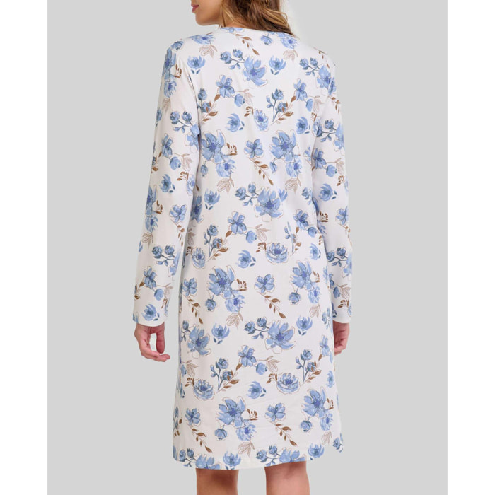 Camisón mujer diseño floral escote en pico con detalle de encaje y maga larga