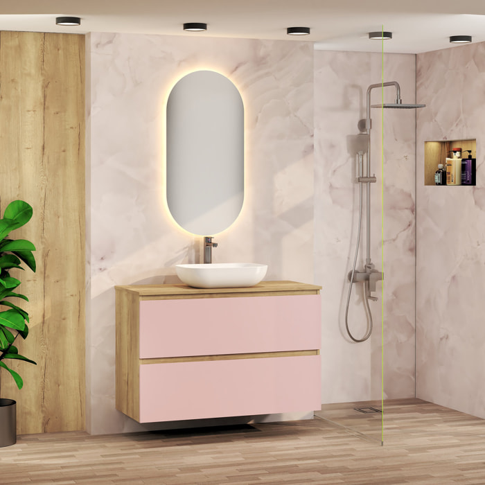 Conjunto de Baño Nia | Mueble Suspendido | 100 cm Rosa | Dos Cajones | Lavabo Sobrepuesto | No incluye Espejo | Mueble Montado| Alday