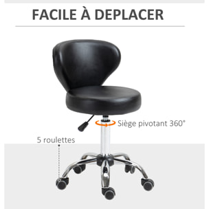 HOMCOM Tabouret de massage - tabouret de travail pivotant 360° - assise réglable 49-64H cm, dossier ergonomique - métal chromé revêtement synthétique noir