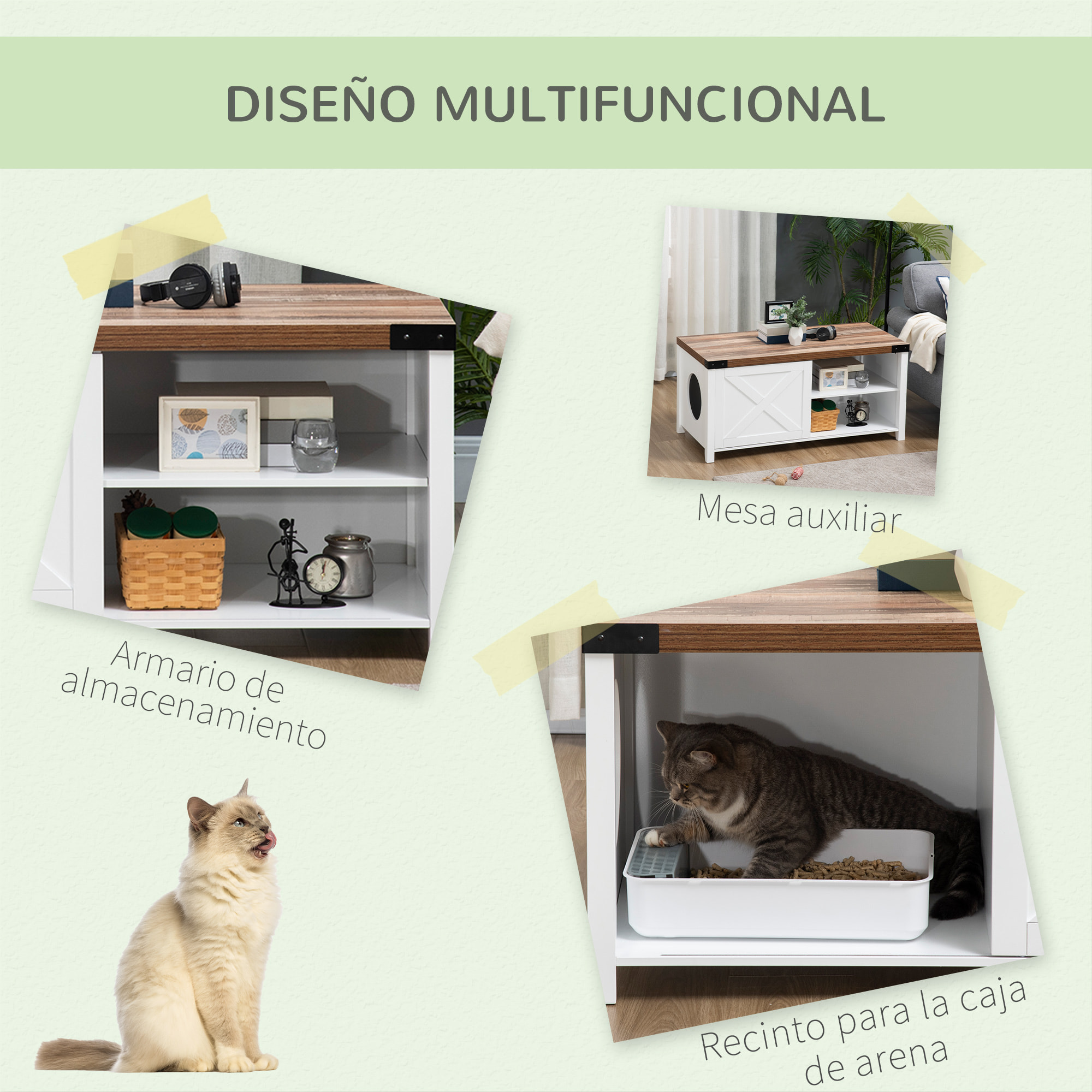 Arenero para Gatos Madera con Armario de Almacenaje Puerta Corredera 109x51x52cm