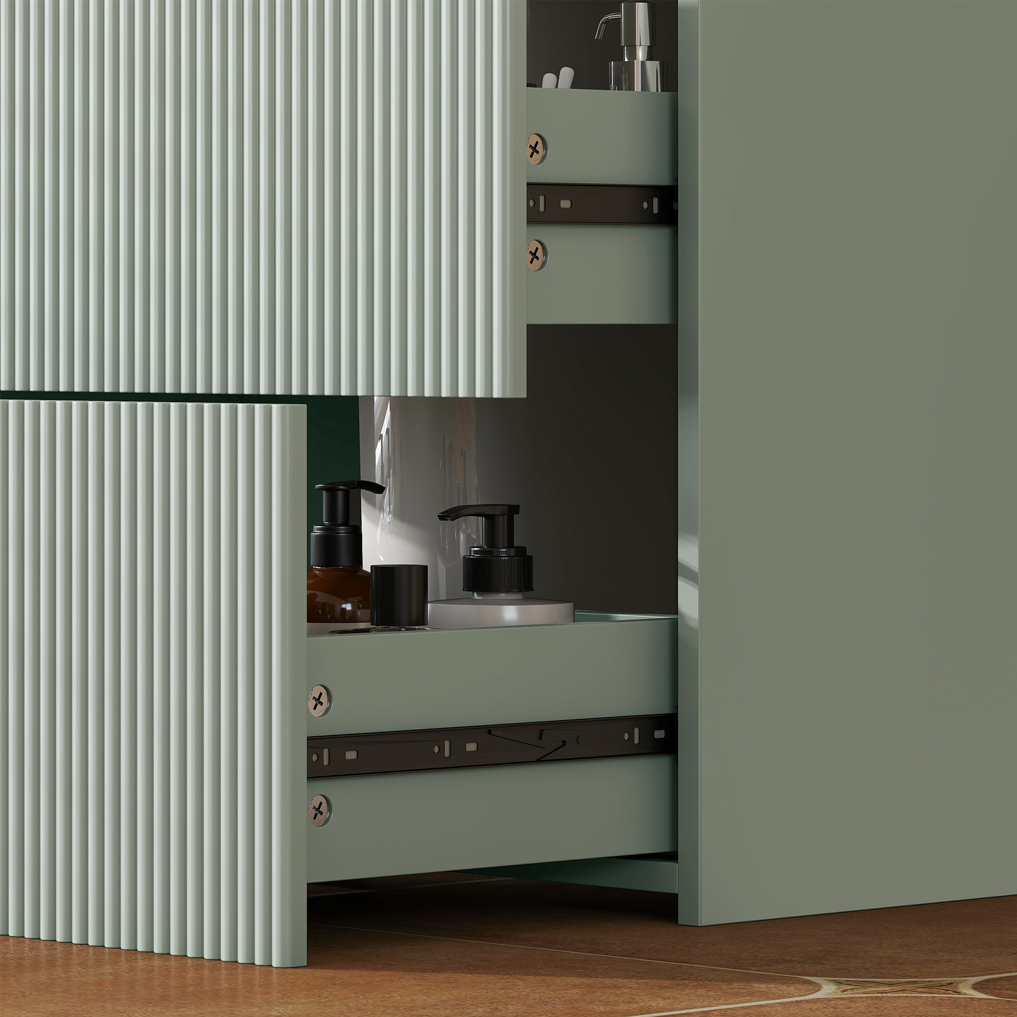 Meuble sous vasque design 2 tiroirs vert de gris effet bois naturel