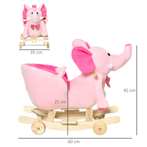 Caballito Balancín con Ruedas Forma de Elefante Caballo Balancín para Bebés de +18 Meses con Músicas Infantiles y Cinturón de Seguridad Carga 60 kg 60x35x45 cm Rosa