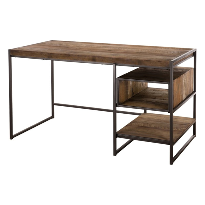 SIXTINE - Bureau marron 1 niche et 1 tablette Teck recyclé Acacia Mahogany recyclé et métal noir