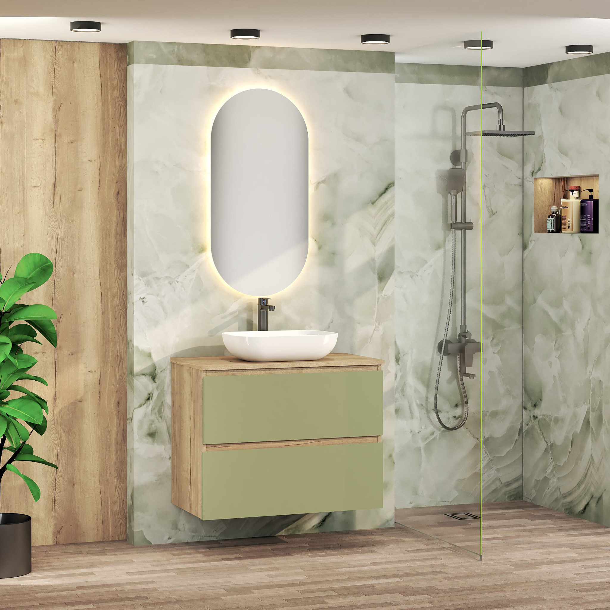 Ensemble de Salle de Bain Nia | Meuble Suspendu | 80 cm Vert | Deux Tiroirs |Lavabo sur Plan | Miroir non inclus | Meuble Monté | Alday