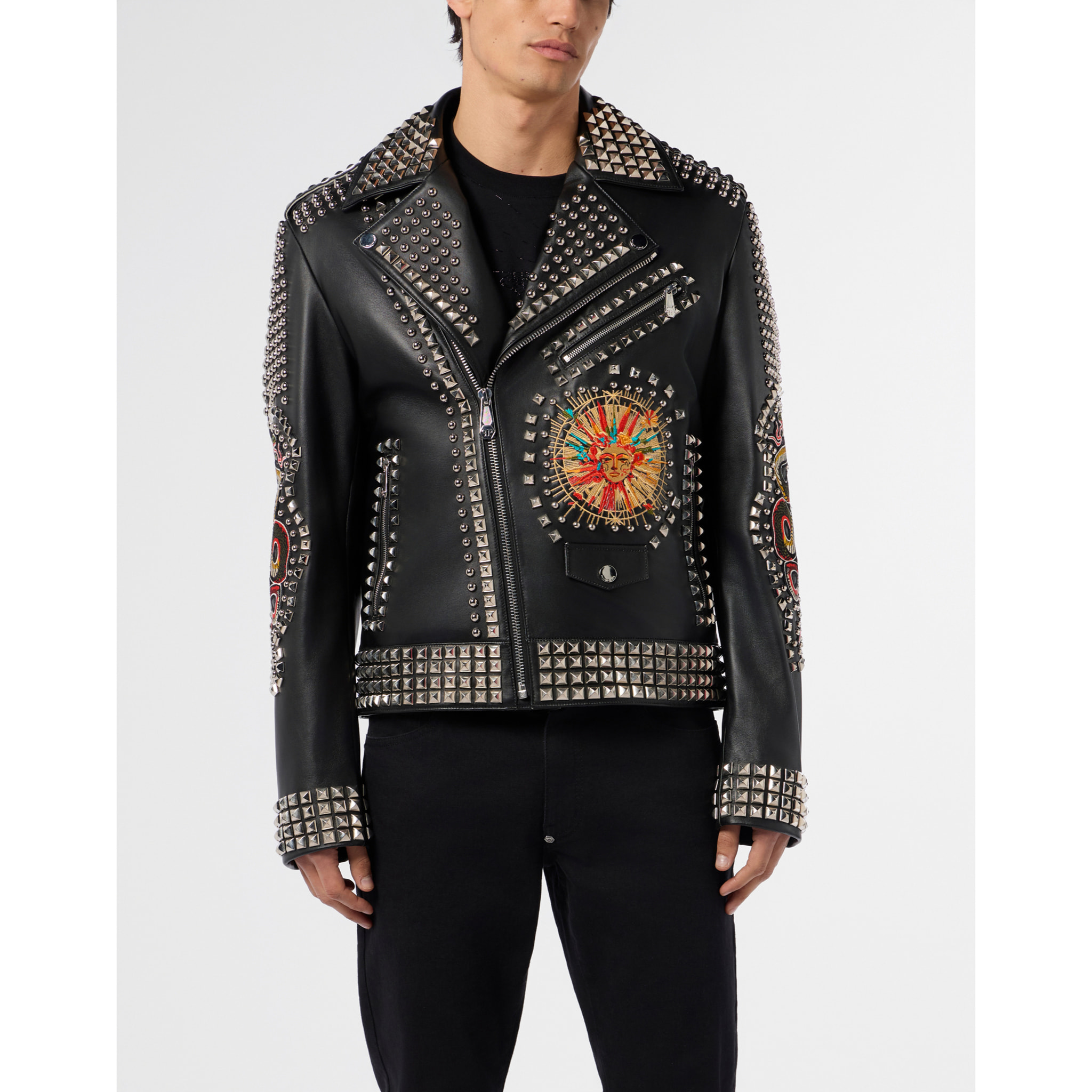 PHILIPP PLEIN Vintage Leather Biker Jacket Studs & Patches