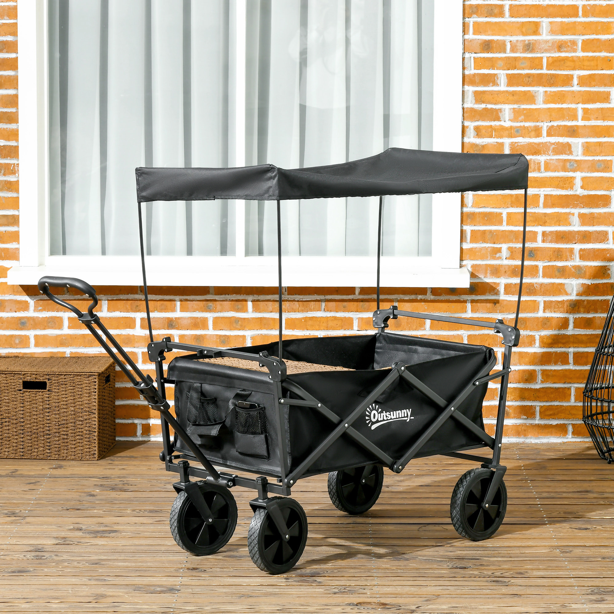 Carro Plegable con Toldo Desmontable Carro de Jardín con Longitud y Ángulo del Mango Ajustables y Bolsa de Transporte Carga 100 kg Negro