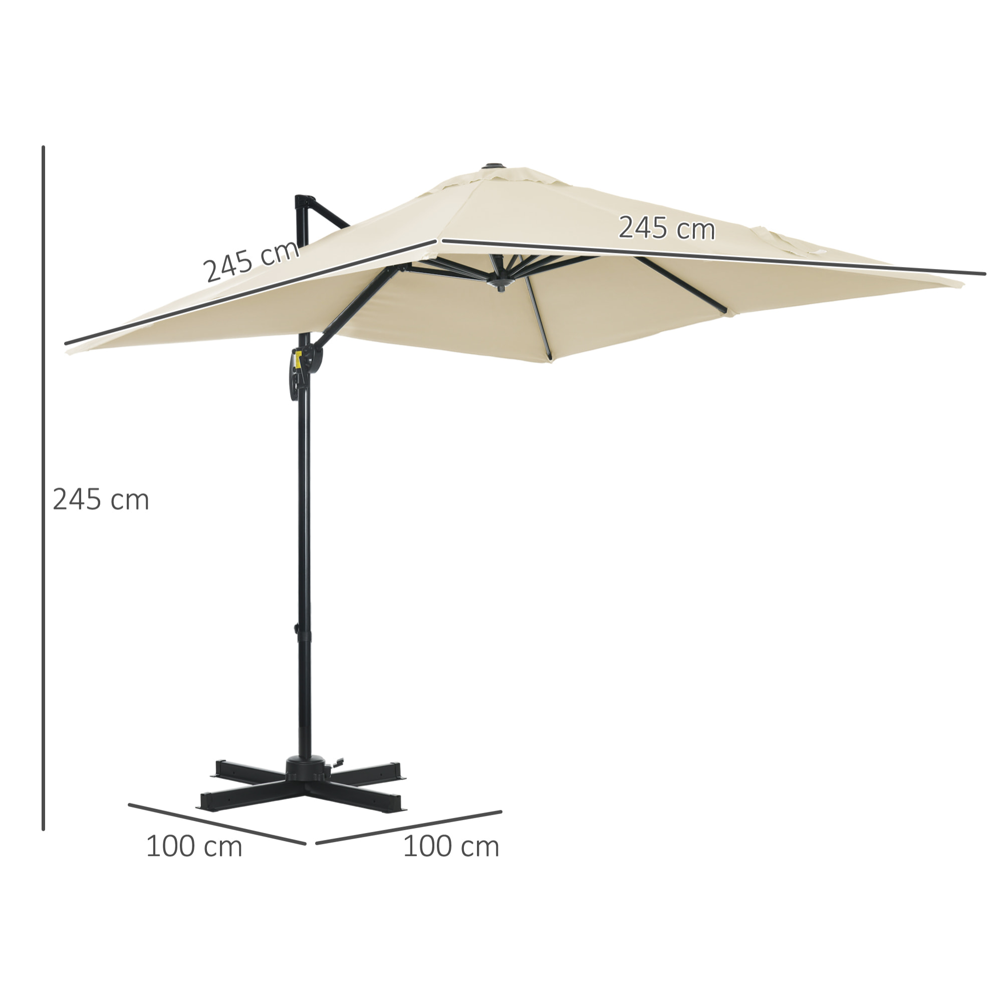 Parasol déporté carré inclinable manivelle avec pied en acier dim. 2,45L x 2,45l x 2,45H m métal alu. polyester haute densité beige