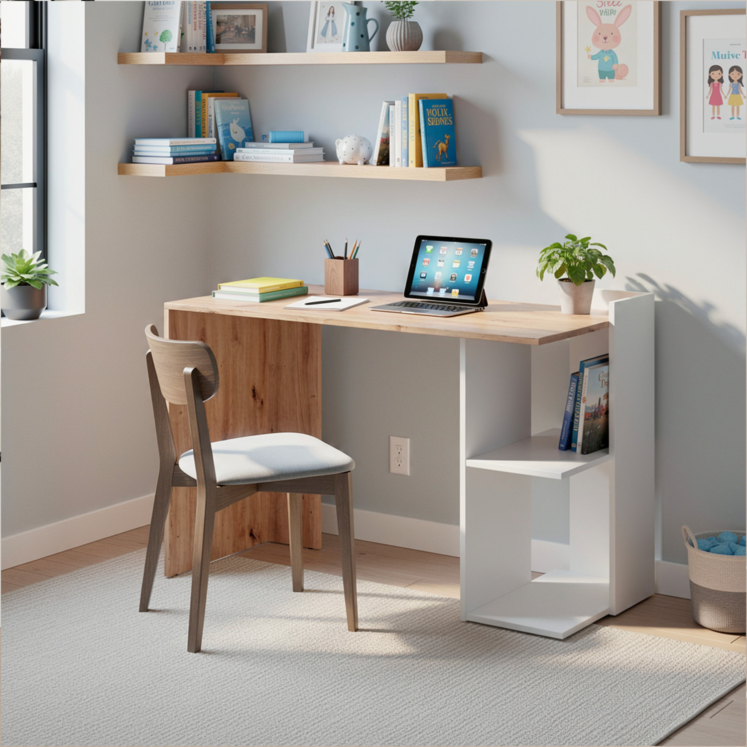 Scrivania Moderna Reversibile Con Vani Laterali A Giorno Mobile Desk Per PC Studio Home Office Struttura Resistente 100 x 52 x 78 Cm Bianco E Rovere