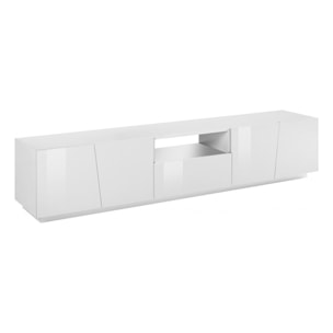 Mobile da soggiorno Porta TV, Made in Italy, Supporto per TV da salotto a 4 ante e 1 cassetto, cm 220x43h46, colore Bianco lucido, con luce LED bianca