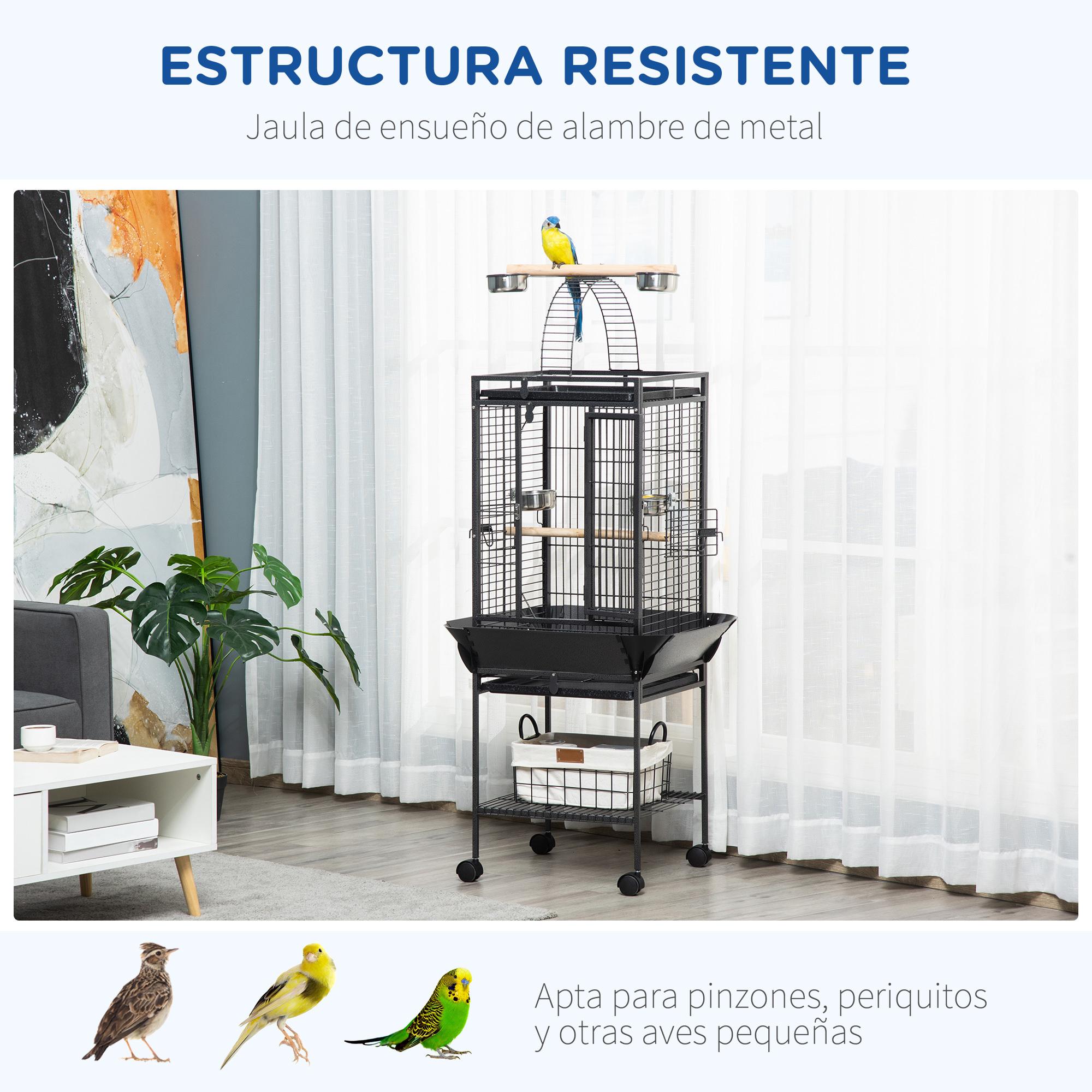 Jaula para Pájaros con Soporte Ruedas 62,5x62,5x156cm 2 Perchas 4 Comederos Gris