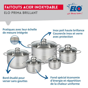 Ensemble de 2 Poêles de cuisson 20 et 32 cm et 5 faitouts 12, 14, 16, 20 et 24 cm Elo Prima Brillant