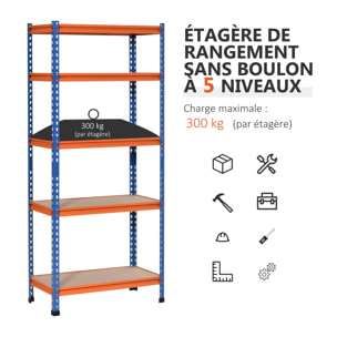 Rayonnage charges lourdes ou volumineuses - étagère garage - 5 tablettes réglables en hauteur - métal bleu orange MDF