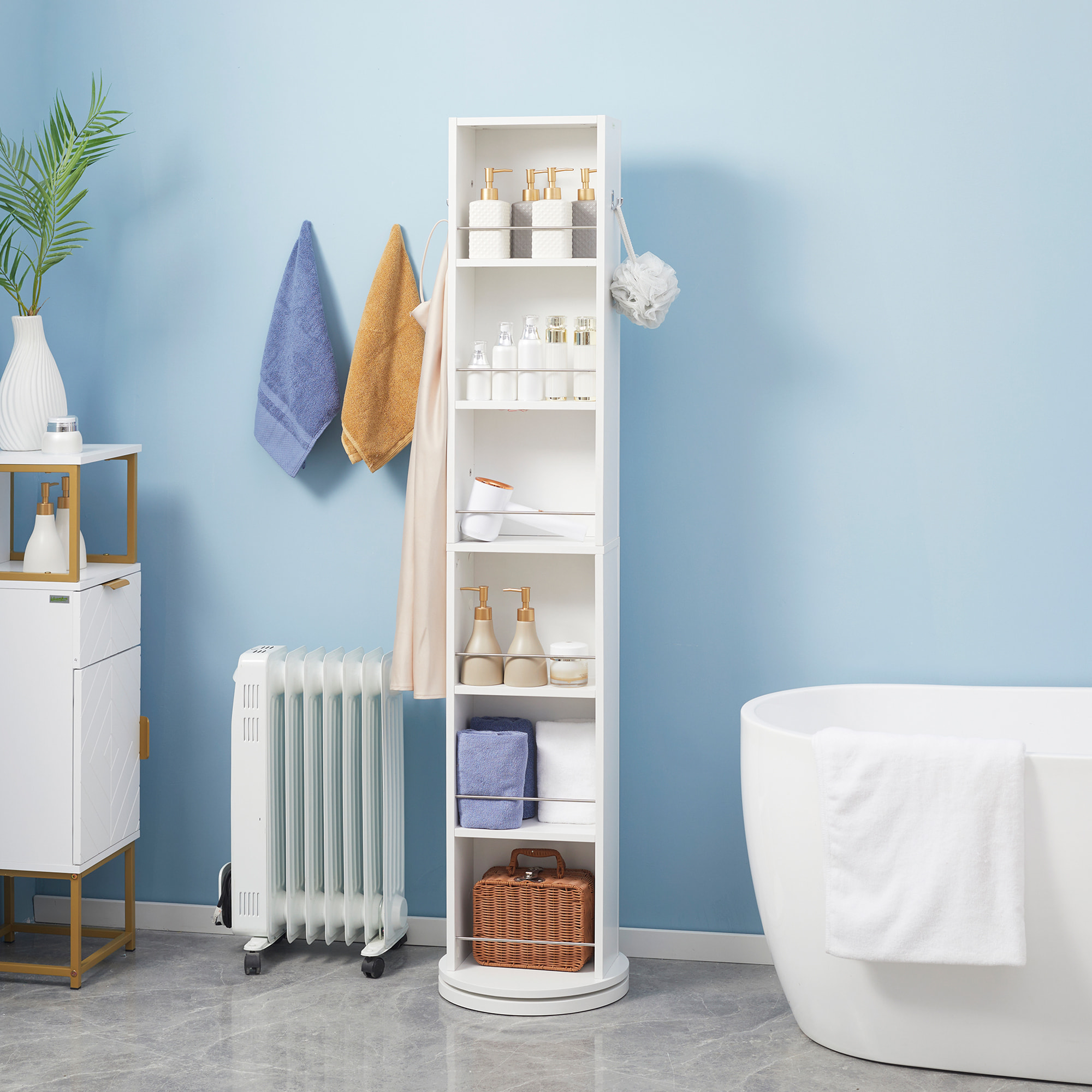 Meuble colonne de salle de bain pivotant avec miroir - 6 étagères - 36L x 36l x 171H cm - blanc