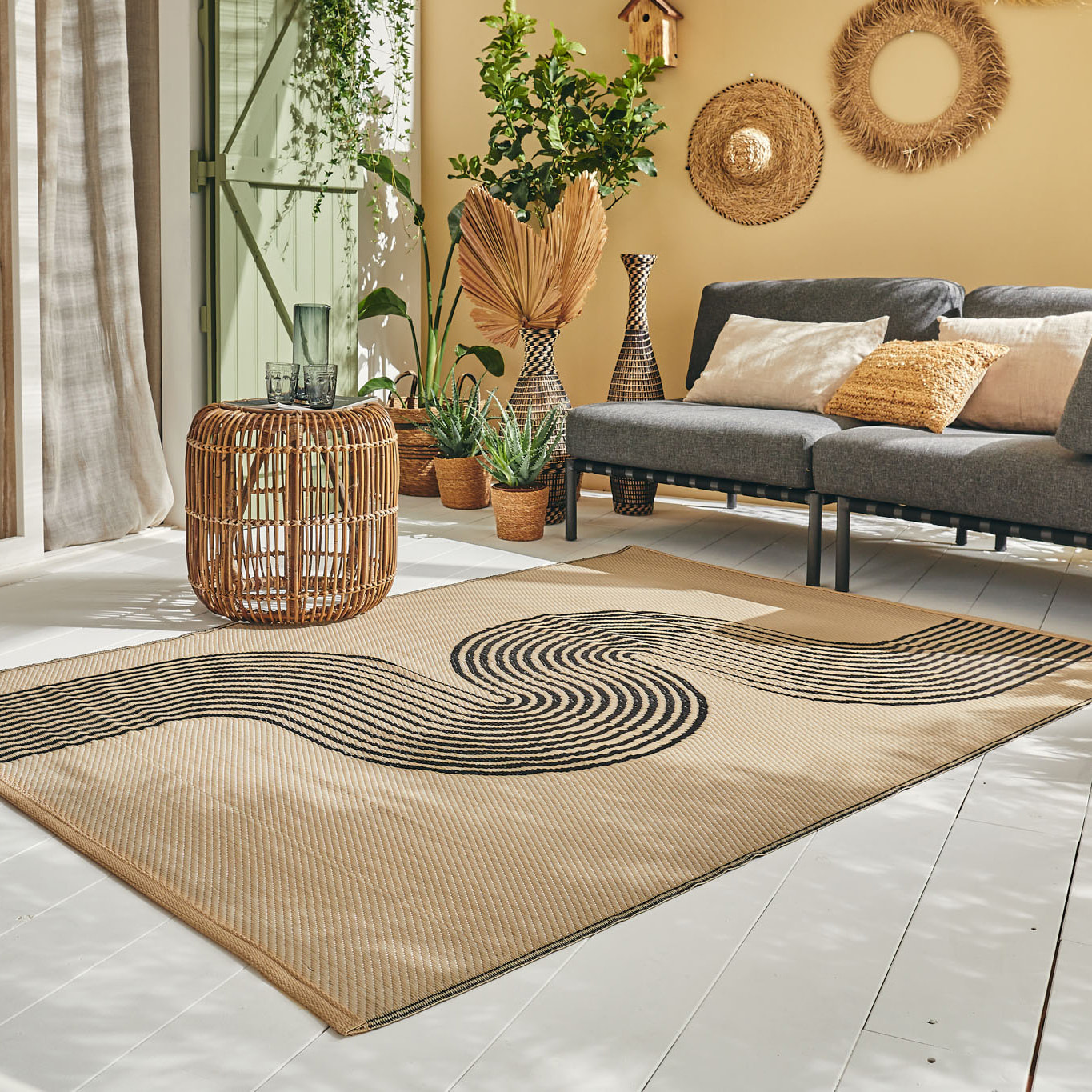 CAPRI - Tapis d'extérieur à motif vague - Noir