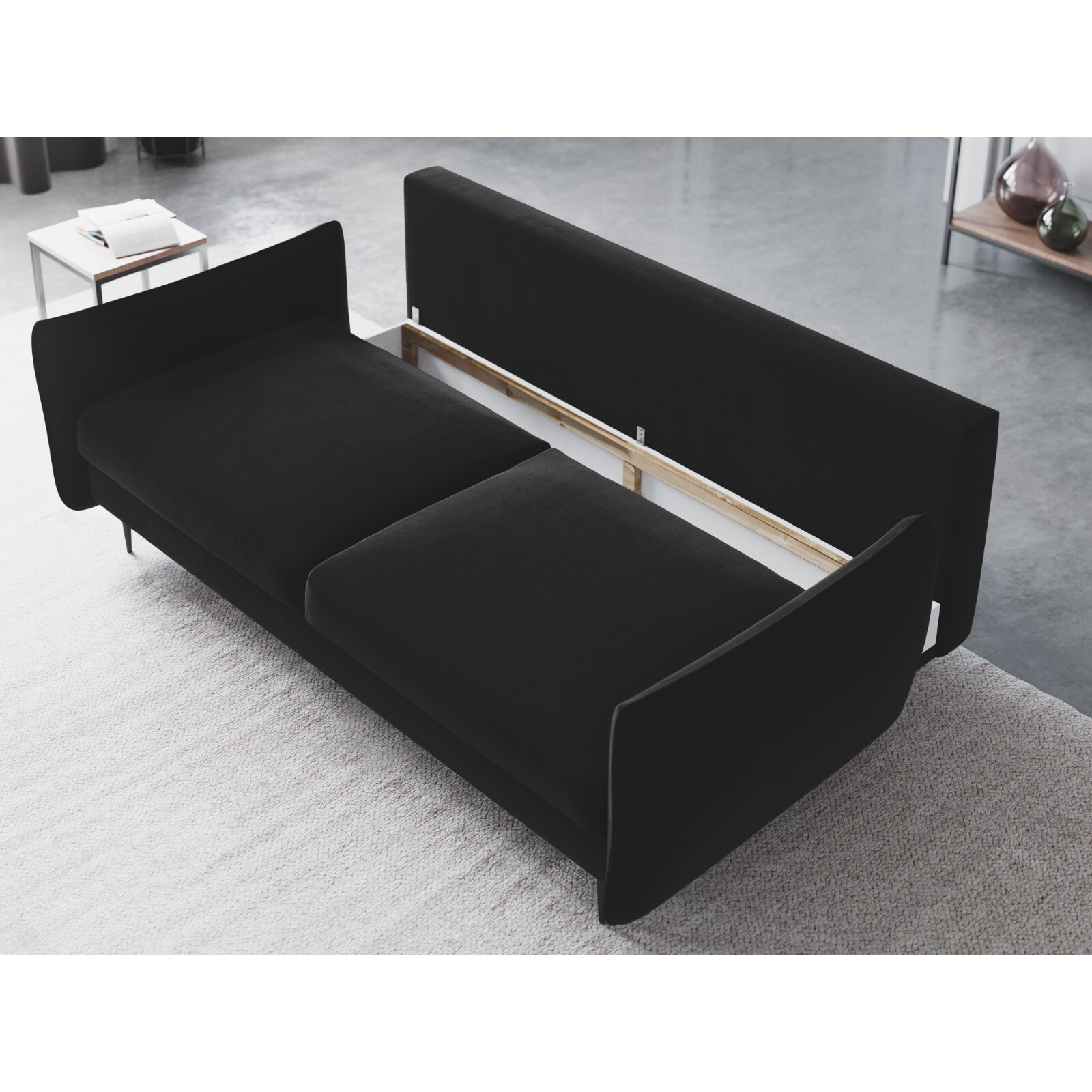 Canapé convertible avec coffre de rangement "Vermont" 3 places en velours noir