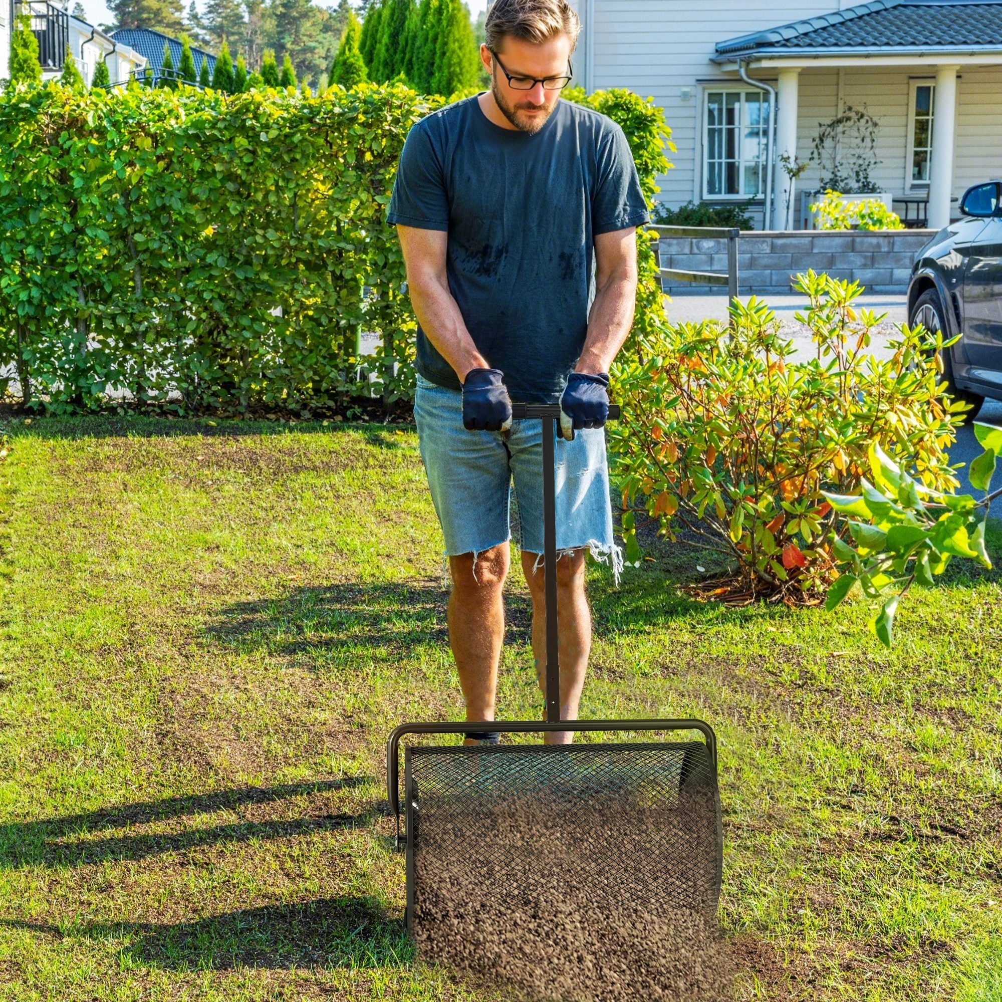 Esparcidor de Compost 300L 70x40x112 cm Esparcidor de Abono para Césped con Asa Ajustable Cesto de Malla Metálica para Cuidado de Césped Jardín Negro