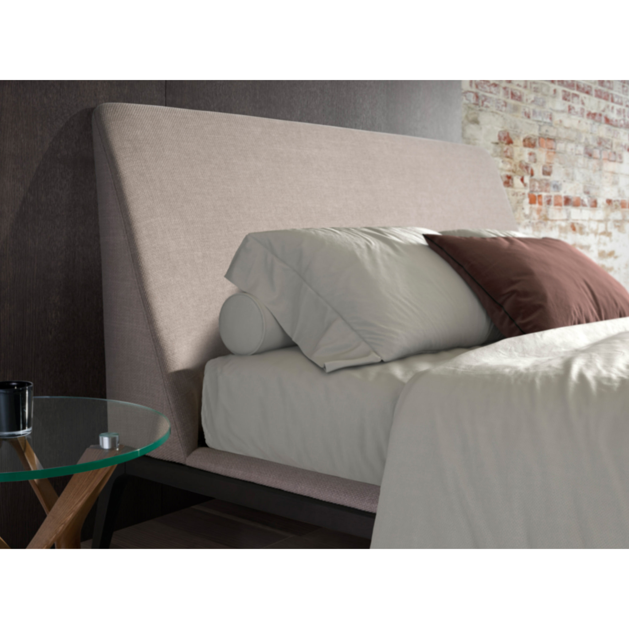 Cama Angel Cerdá de matrimonio con cabecero y estructura en tela gris y patas de madera en wengué 192x230x101cm