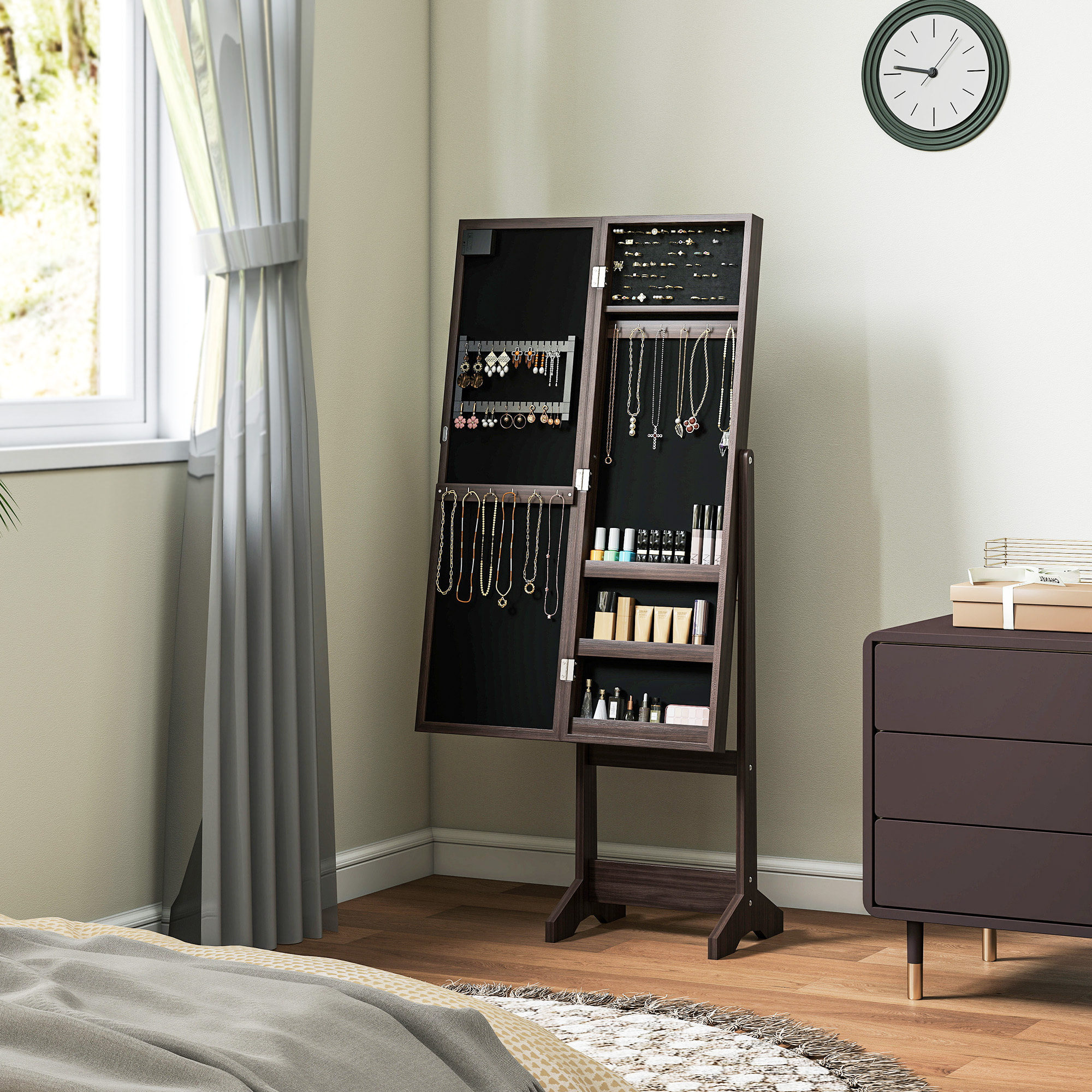 Armoire à bijoux sur pieds avec miroir multi-rangement éclairage LED effet bois wengé