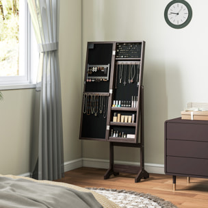 Armoire à bijoux sur pieds avec miroir multi-rangement éclairage LED effet bois wengé