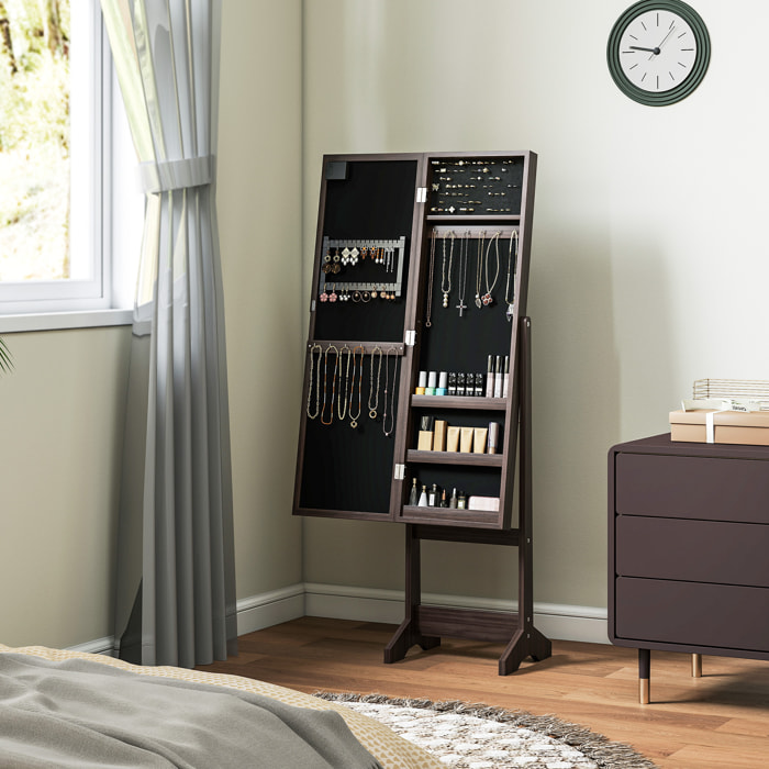 Armoire à bijoux sur pieds avec miroir multi-rangement éclairage LED effet bois wengé