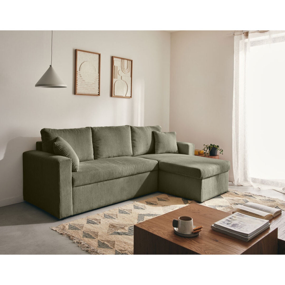Cyrus - canapé d'angle réversible 4 places - convertible avec coffre - en velours côtelé - Vert