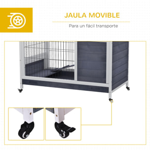 Jaula para Conejos de Madera 90x53x59 cm Conejera para Mascotas Pequeñas Portátil Interior con Techo Abrible Rampa Bandeja Extraíble para Conejillos de Indias Gris y Blanco