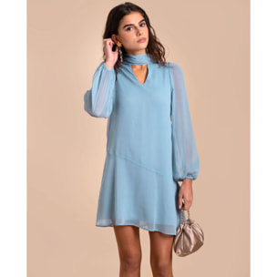 Vestido corto manga abullonada y lazada