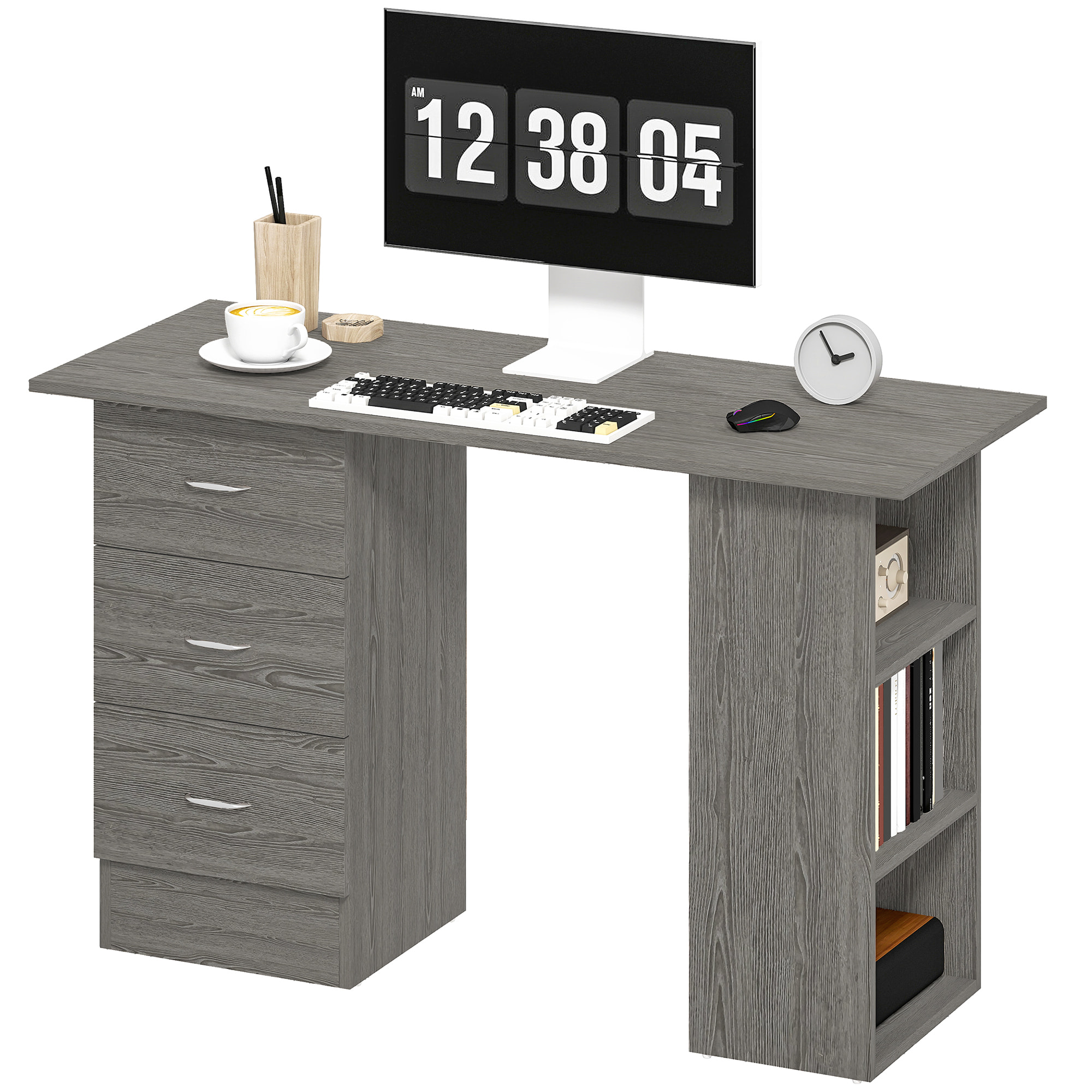 Bureau informatique table multi-fonctions 3 tiroirs 2 étagères dim. 120L x 49l x 72H cm MDF aspect bois gris