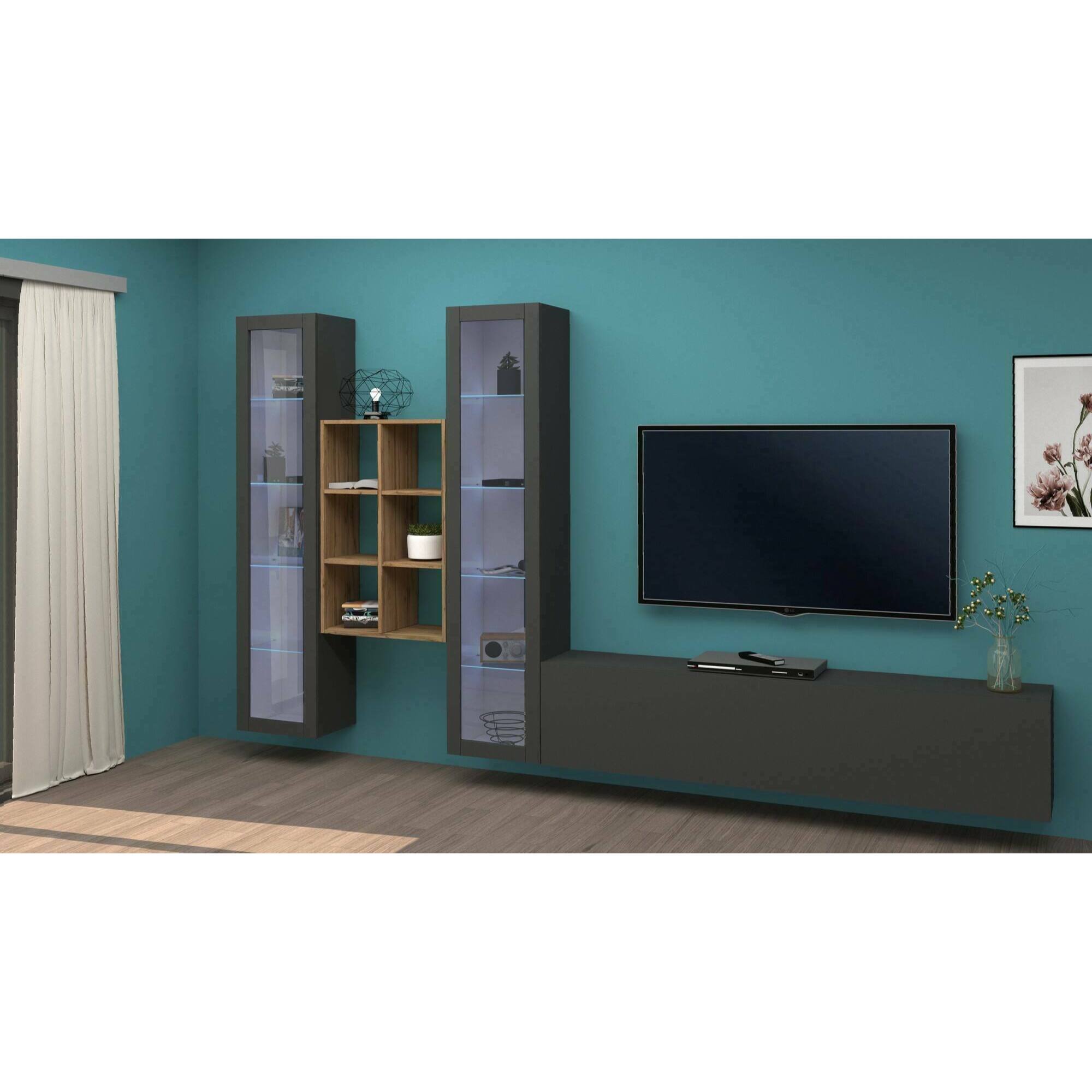 Parete attrezzata Eros, Set salotto porta TV a 3 ante, Mobile soggiorno multiuso con vetrina e luce LED, 100% Made in Italy, cm 320x30h180, Antracite