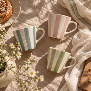 Lot de 6 tasses 20cl en grès blanc et rayures colorées ARLEQUIN