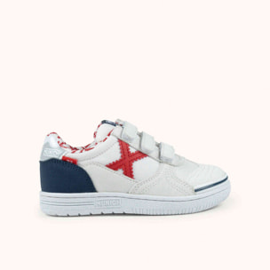MUNICH G-3 KID VCO 457 Zapatillas Infantiles de Fútbol Sala en Color Blanco con Detalles Rojos y Marinos con Triple Velcro