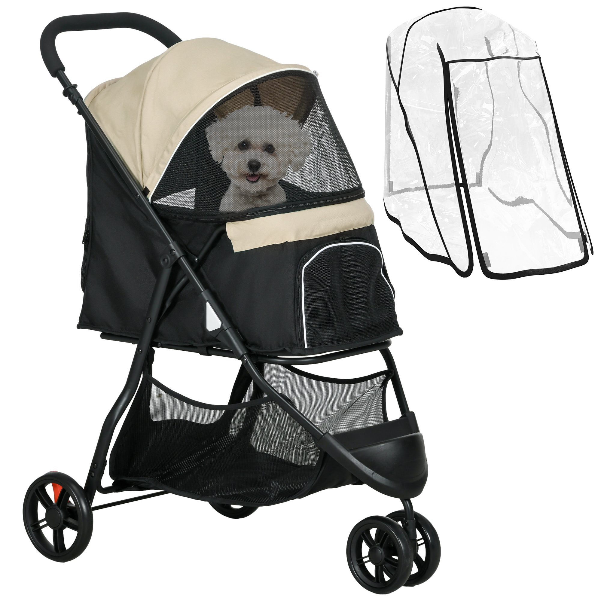 Carrito para Perros Plegable Cochecito para Mascotas Carrito para Perros Pequeños con Cesta de Almacenaje Ventana de Malla Cubierta para Lluvia y 2 Ruedas Universales 80,5x51,5x100 cm Caqui