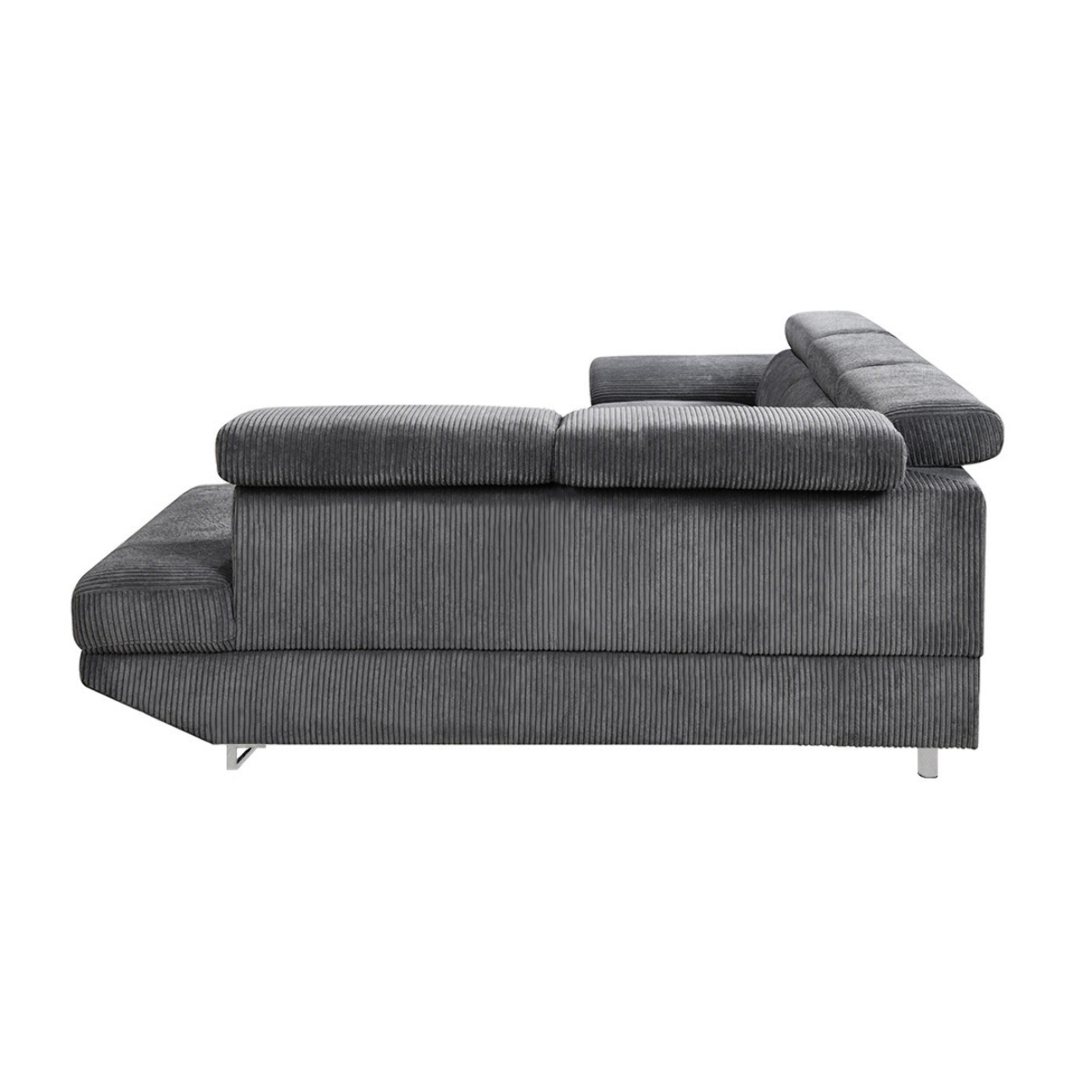 Baoji - Canapé d'angle droit 5 places convertible avec têtières et coffre en velours côtelé - Gris