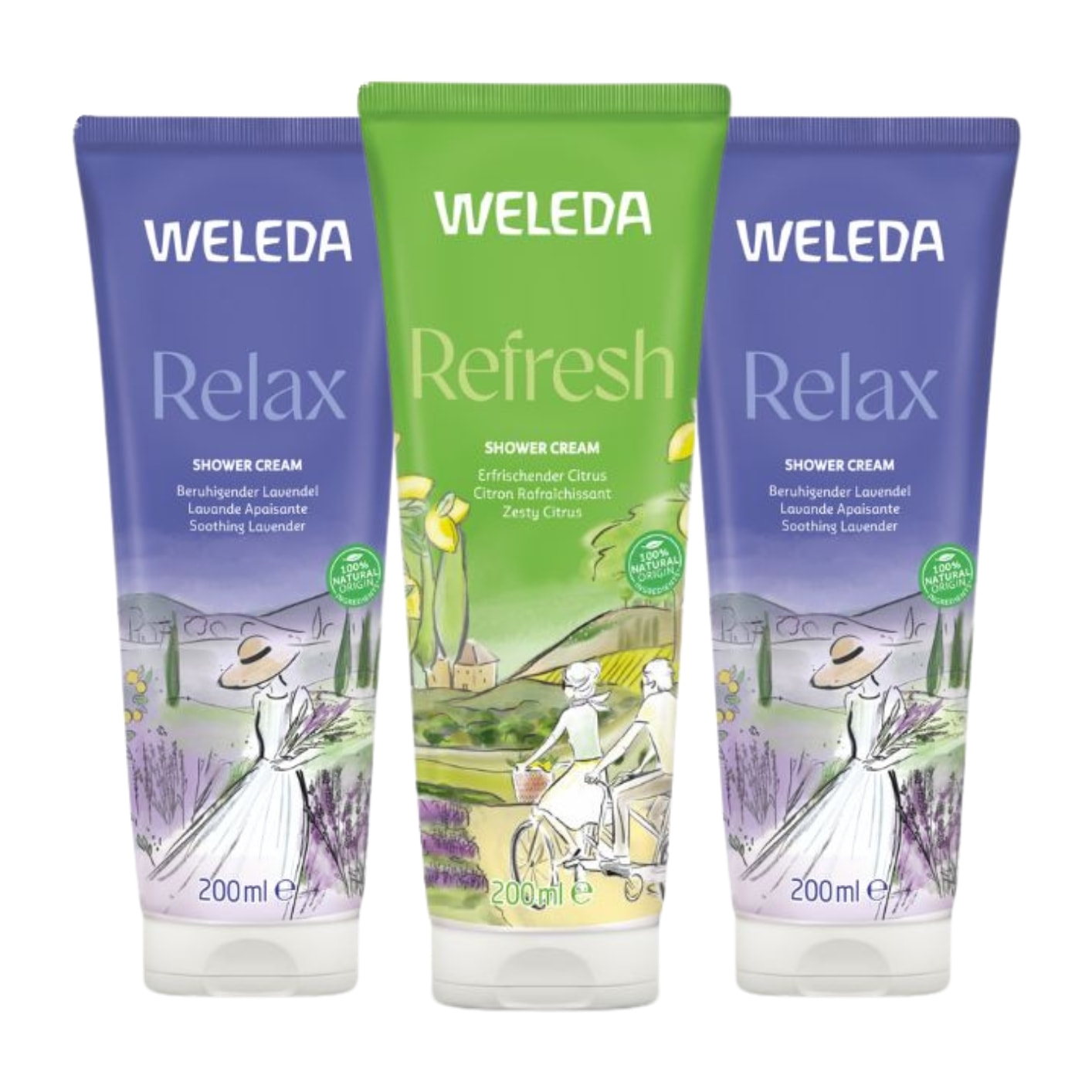 WELEDA - Trio Crème de Douche - Relax Lavande Apaisante X2 + Refresh Citron rafraîchissant X1 - Vegan* - Certifié Natrue ** -Tube 3*200ml