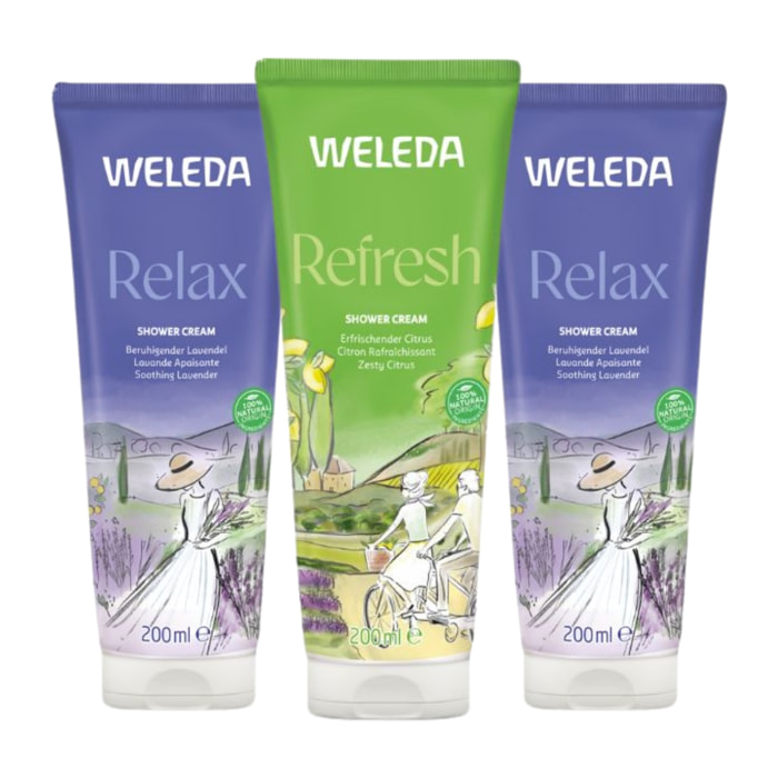 WELEDA - Trio Crème de Douche - Relax Lavande Apaisante X2 + Refresh Citron rafraîchissant X1 - Vegan* - Certifié Natrue ** -Tube 3*200ml