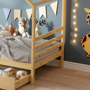 Lit Cabane Bambino, couchage 90x190 cm, Bois de Pin Naturel, Sommier inclus, Avec 2 Tiroirs de rangement