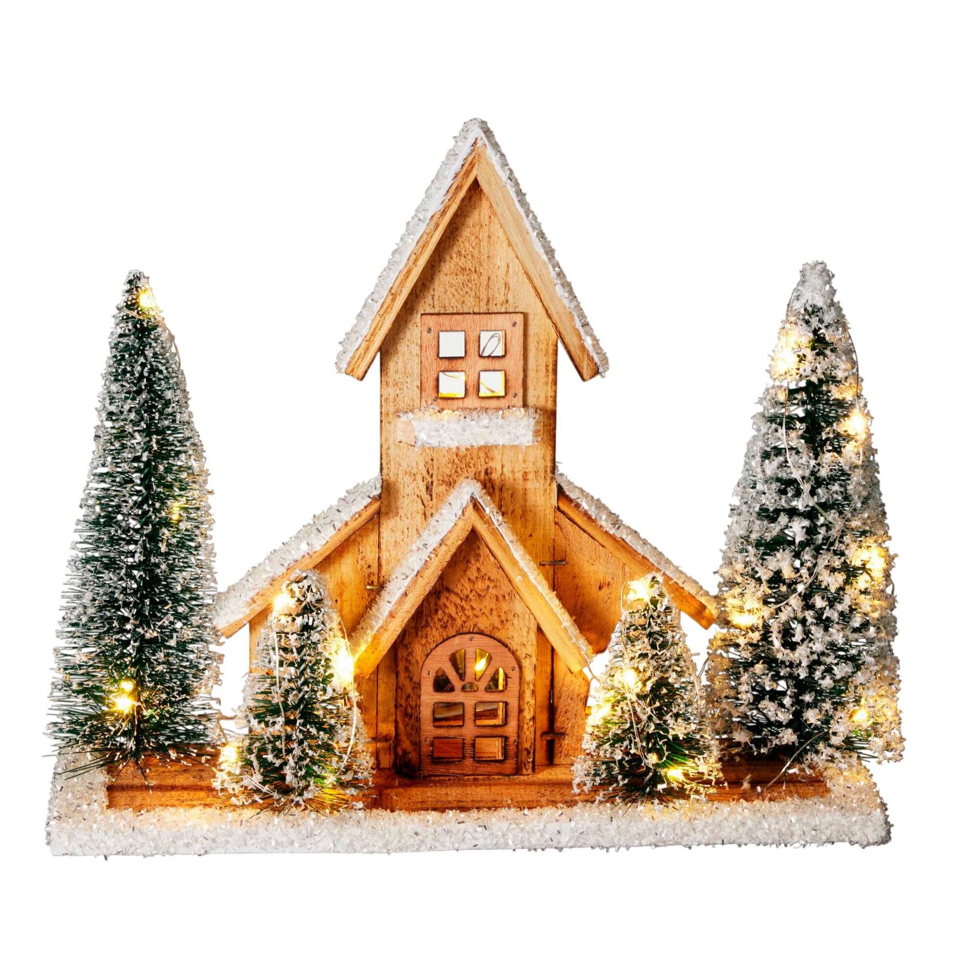 Casa navideña de madera con led blanco cálido y 4 árboles nevados, temporizador 6h 32x9x27 cm