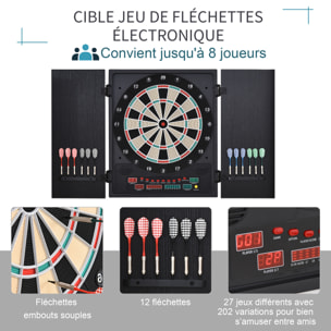 Cible jeu de fléchettes électronique refermable 27 jeux 202 variations jusqu'à 8 joueurs affichage LED haut-parleur noir