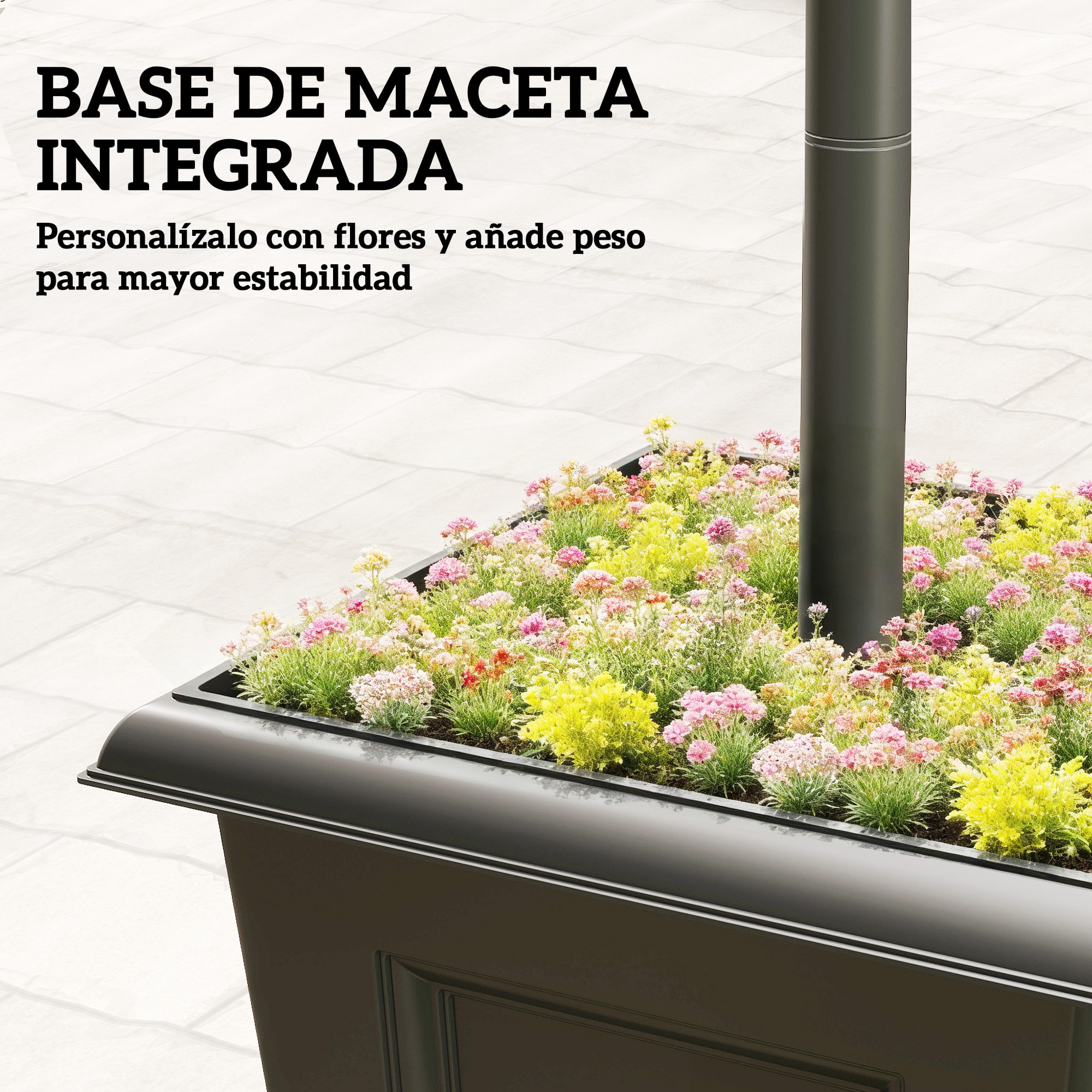 Farola Solar Exterior de Jardín con Macetero 3 Cabezales Impermeable IP44 Encendido/Apagado Automático y Altura Ajustable Luz Solar de Exterior LED para Terraza Patio 52x52x185 cm Negro
