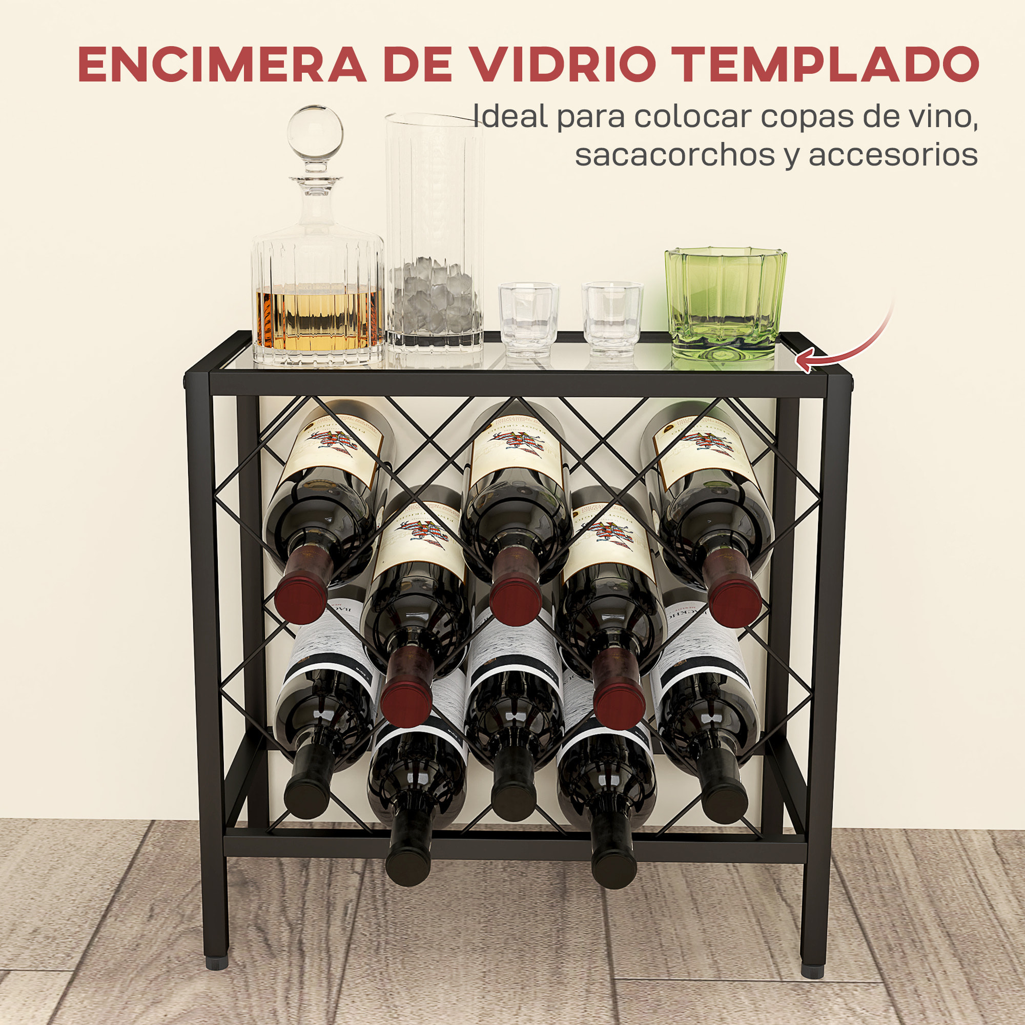 Botellero Vino para 10 Botellas Botellero con Encimera de Vidrio Templado y Marco de Acero para Salón Comedor 41x22x41 cm Negro