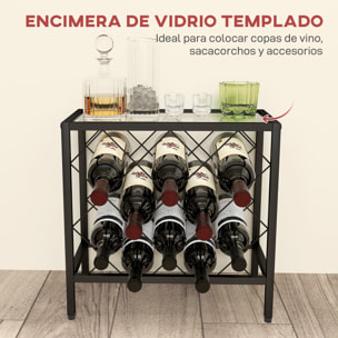 Botellero Vino para 10 Botellas Botellero con Encimera de Vidrio Templado y Marco de Acero para Salón Comedor 41x22x41 cm Negro