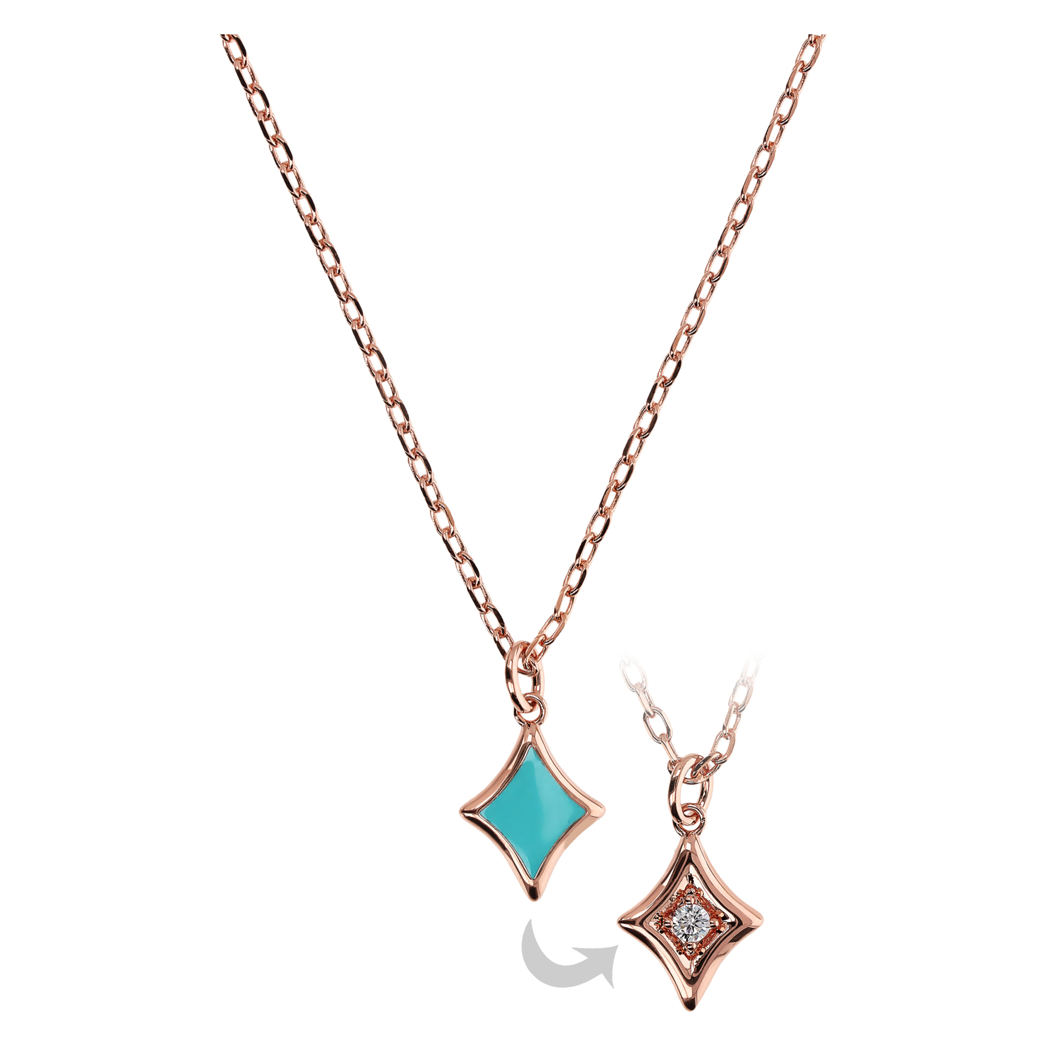 Collana Girocollo Catena Forzatina e Pendente Étoile Reversibile Smaltato Turchese con Cubic Zirconia