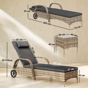 Lot de 2 bains de soleil inclinables tout confort avec table d'appoint résine tressée beige