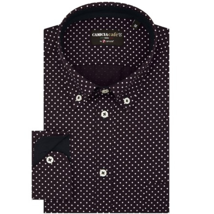 Camicia Uomo 1 Bottone Button Down Slim Cotone Poliestere Stampato Rosso Bordeaux/Bianco