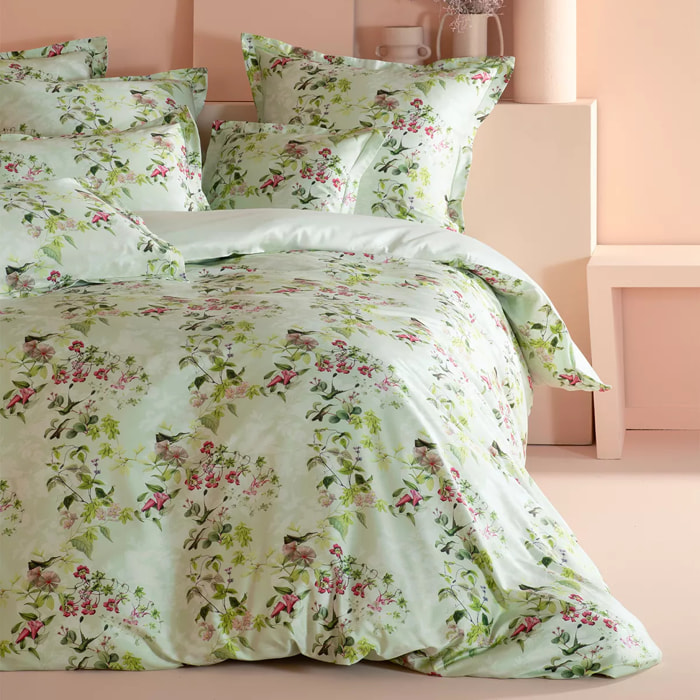 Housse de couette satin de coton imprimé multicolore vert Foliage vert d'eau